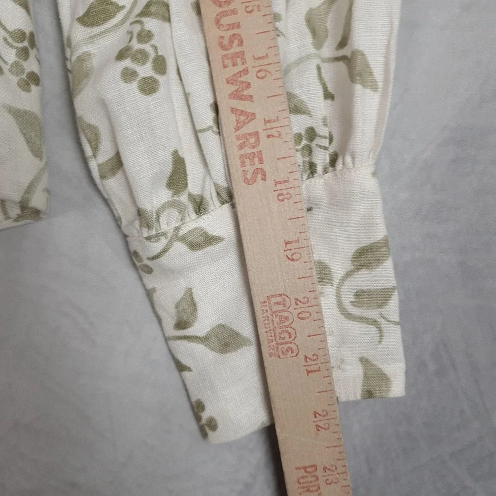 Reformation Blouse Womens 0 White Green Floral Linen Square Neck Puff Sleeve